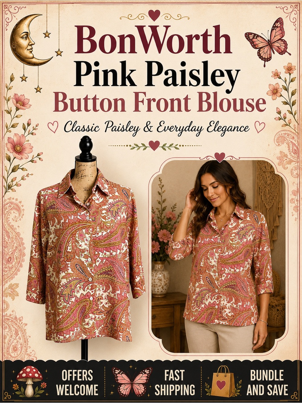 BonWorth Pink Paisley Button Front Blouse 3/4 Sleeve Collared Top Large Petite